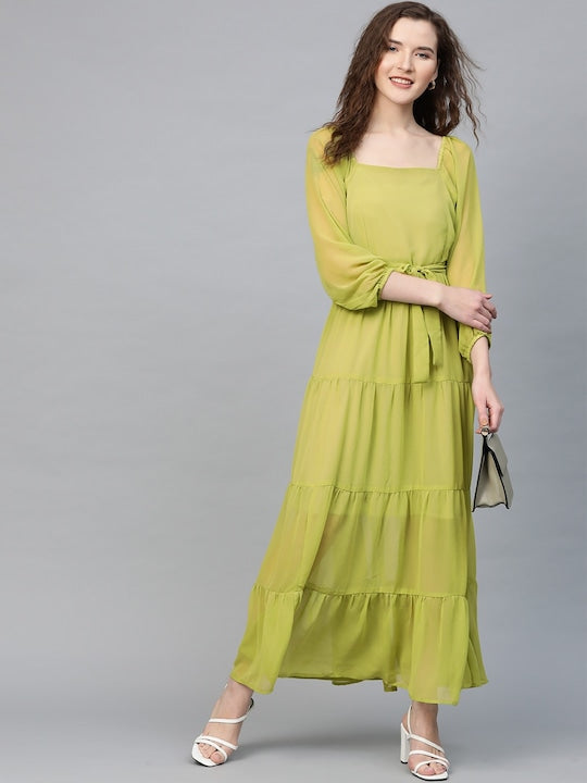 SASSAFRAS Lime Green Tiered Pleated Maxi Dress – Glamiify