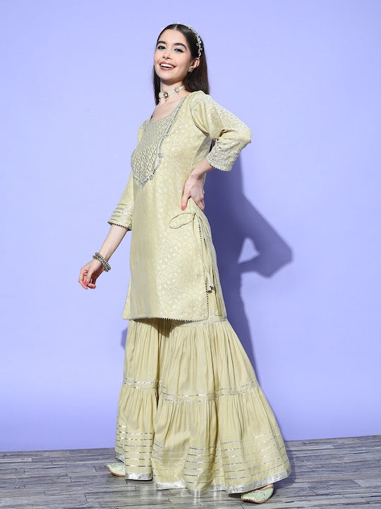 Libas Ethnic Motifs Printed Mirror Work Kurta with Sharara & Dupatta