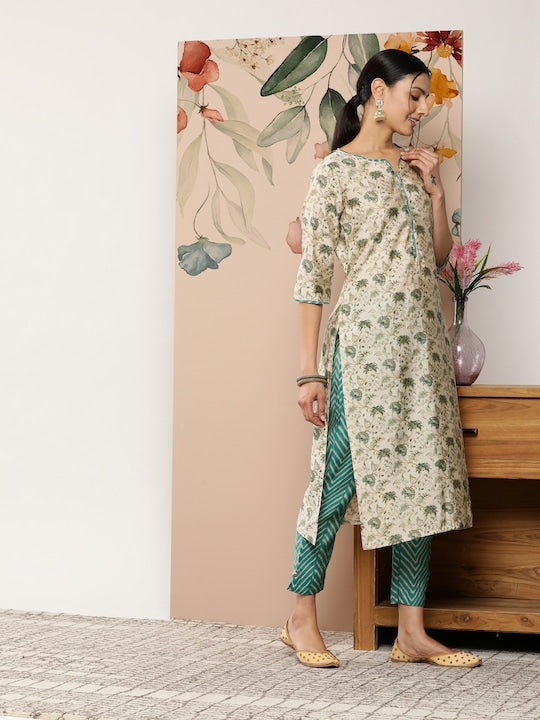 Libas Women Beige Floral Printed Kurta with Trousers & With Dupatta