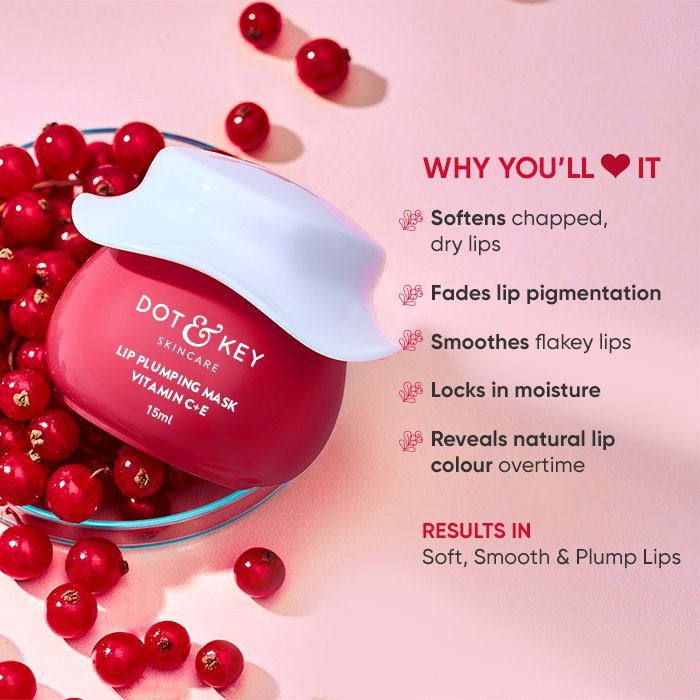 Dot & Key Vitamin C+E Flushed Red Lip Plumping Mask- Lingonberry & Turmeric Oil For Dry Lips (15ml)