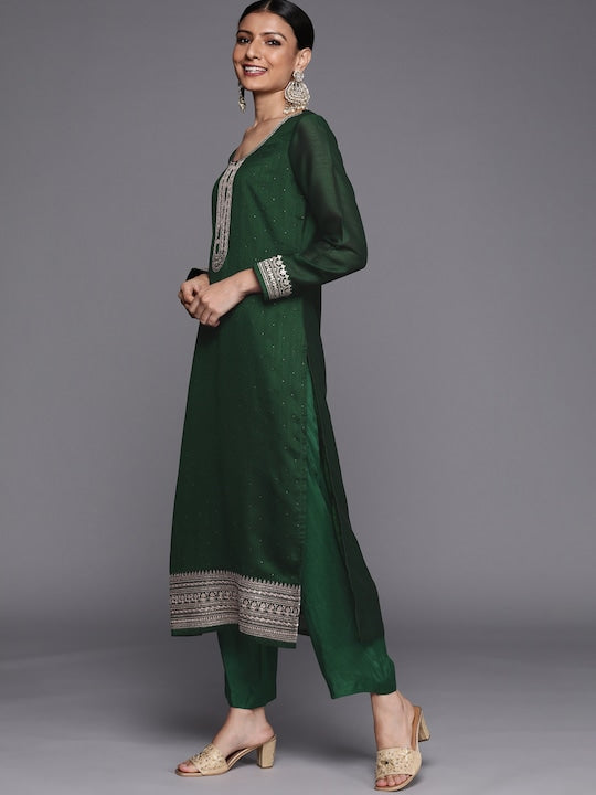 Libas Women Green Ethnic Motifs Yoke Design Sequinned Kurta with Trousers & With Dupatta