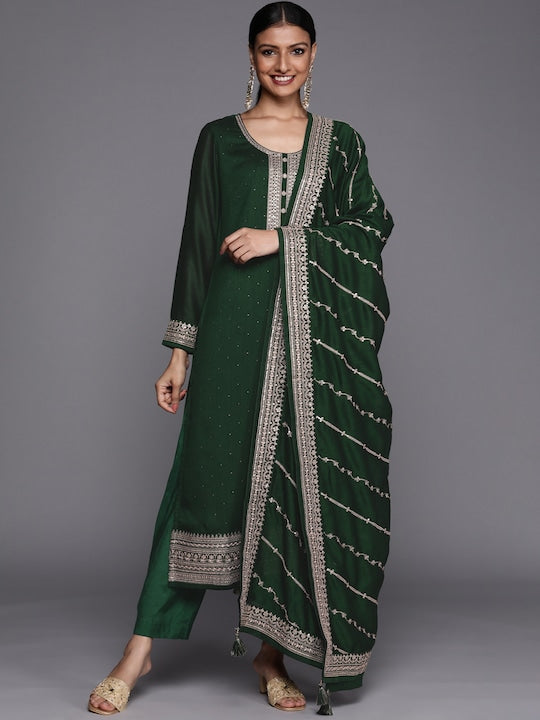 Libas Women Green Ethnic Motifs Yoke Design Sequinned Kurta with Trousers & With Dupatta