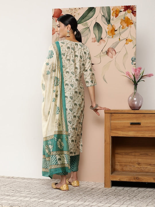 Libas Women Beige Floral Printed Kurta with Trousers & With Dupatta