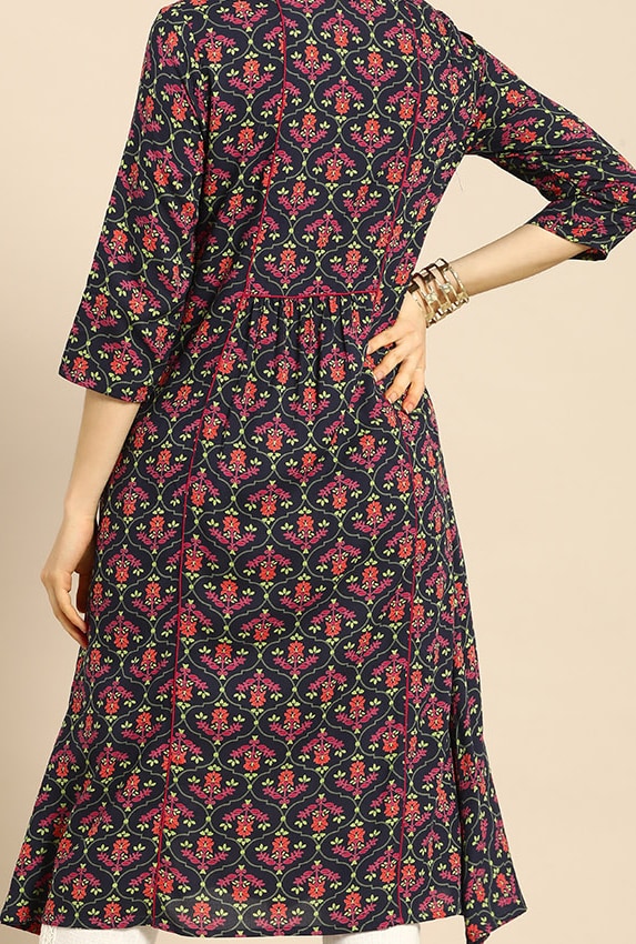 All About You Women Navy Blue & Pink Ethnic Motifs Printed A-Line Kurta