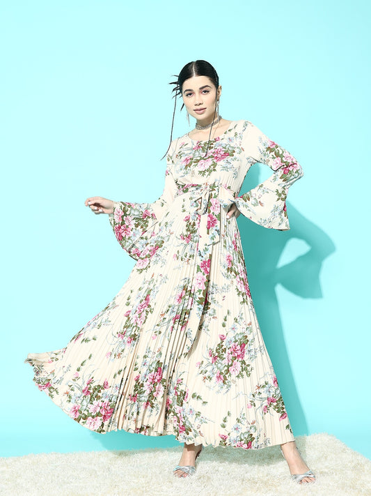 Berrylush Floral Print Bell Sleeve Crepe A-Line Maxi Dress