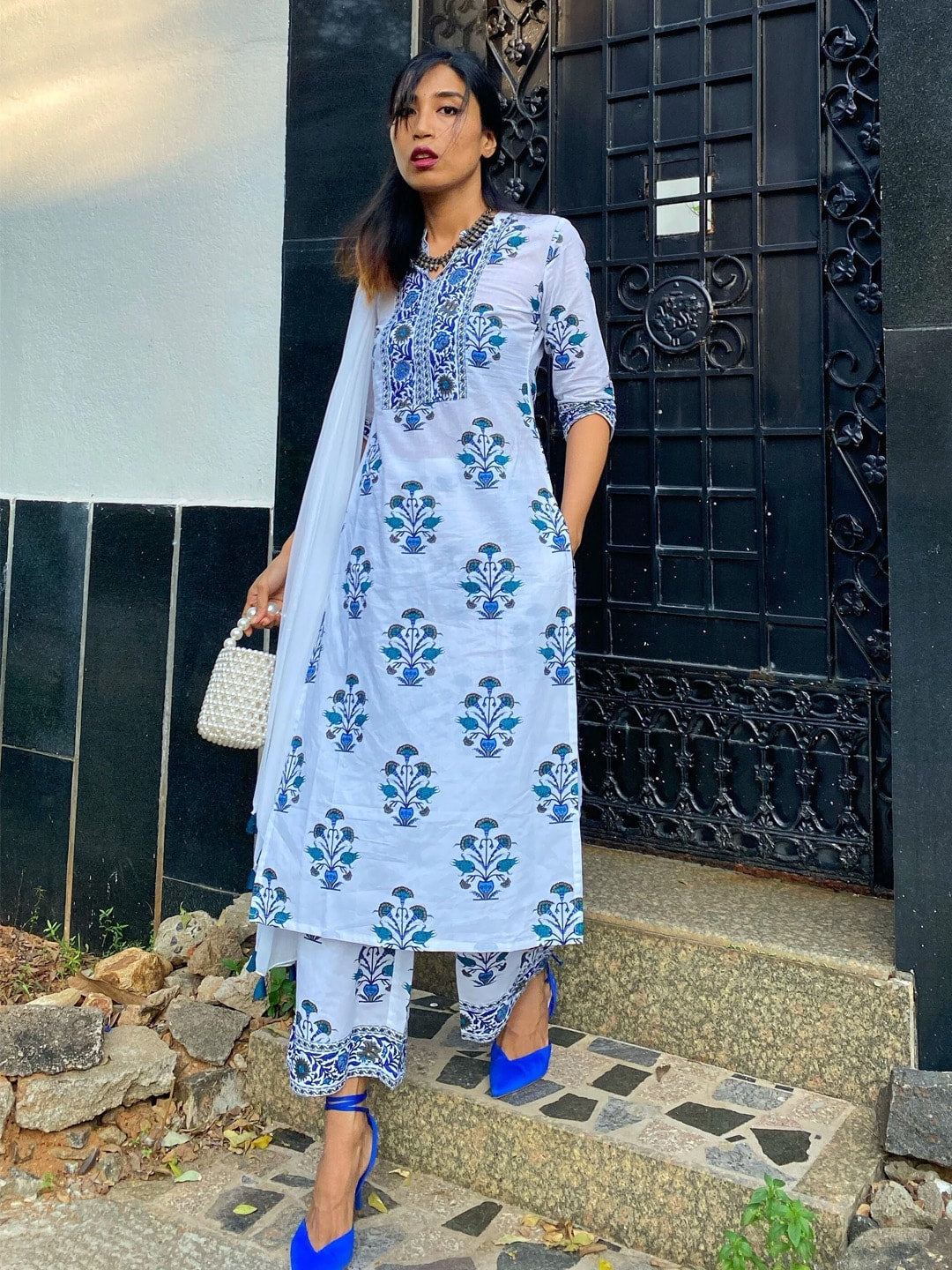 Libas Women White & Navy Blue Floral Printed Kurta with Palazzos & Dupatta