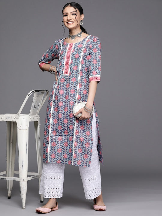 Libas Women Blue & Pink Floral Motifs Printed Kurta