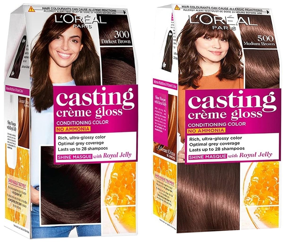 L'Oreal Paris Casting Creme Gloss Hair Color, Medium Brown 500 and Casting Creme Gloss Hair Color, Darkest Brown 300, 87.5g+72ml