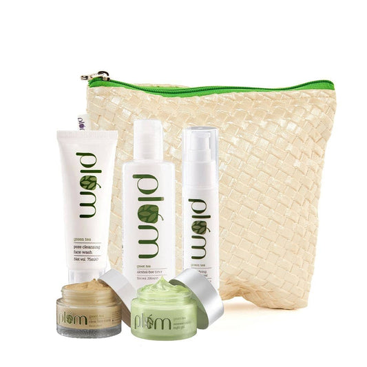 Plum Green Tea - Face Care Full Set with Kit Bag, For Oily & Acne Prone Skin, Pack Of 5