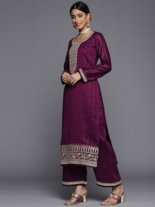 Libas Women Purple Floral Embroidered Sequinned Kurta with Palazzos & Dupatta