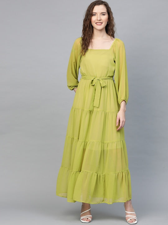 SASSAFRAS Lime Green Tiered Pleated Maxi Dress