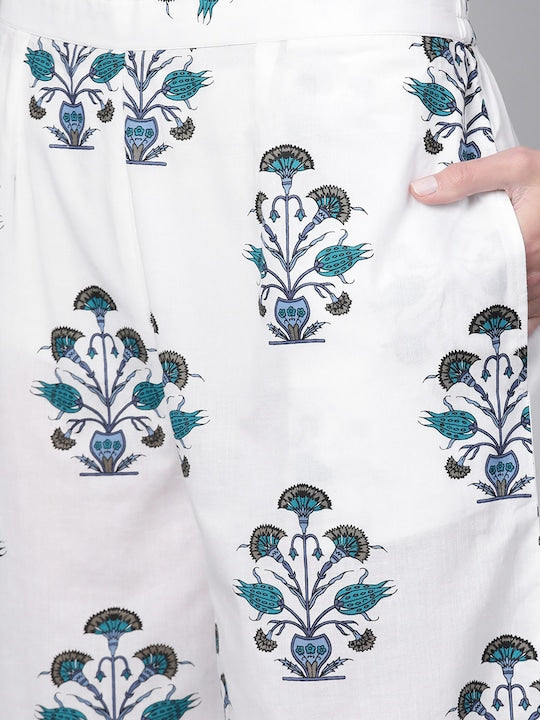 Libas Women White & Navy Blue Floral Printed Kurta with Palazzos & Dupatta