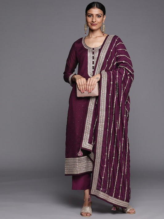 Libas Women Purple Ethnic Motifs Yoke Design Kurta with Trousers & With Dupatta