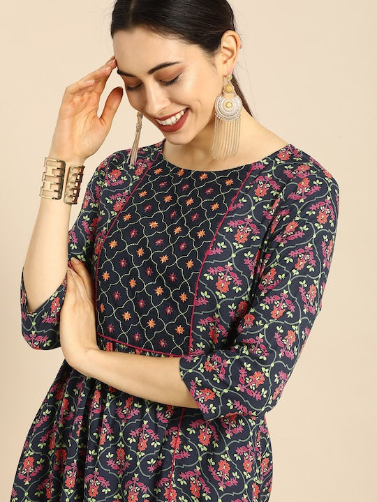 All About You Women Navy Blue & Pink Ethnic Motifs Printed A-Line Kurta