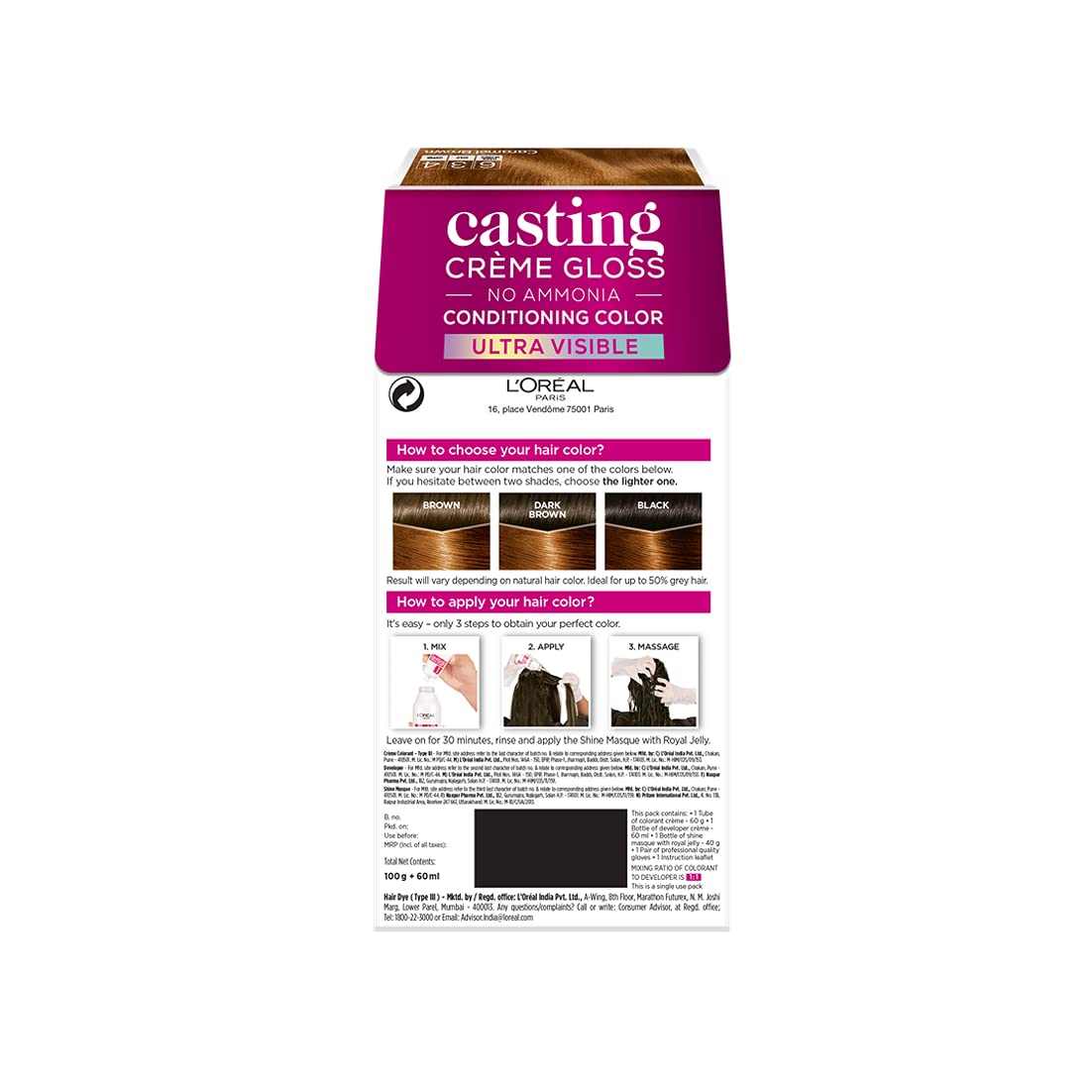 L'Oreal Paris Casting Creme Gloss Hair Color, Caramel Brown 634, 100g + 60ml