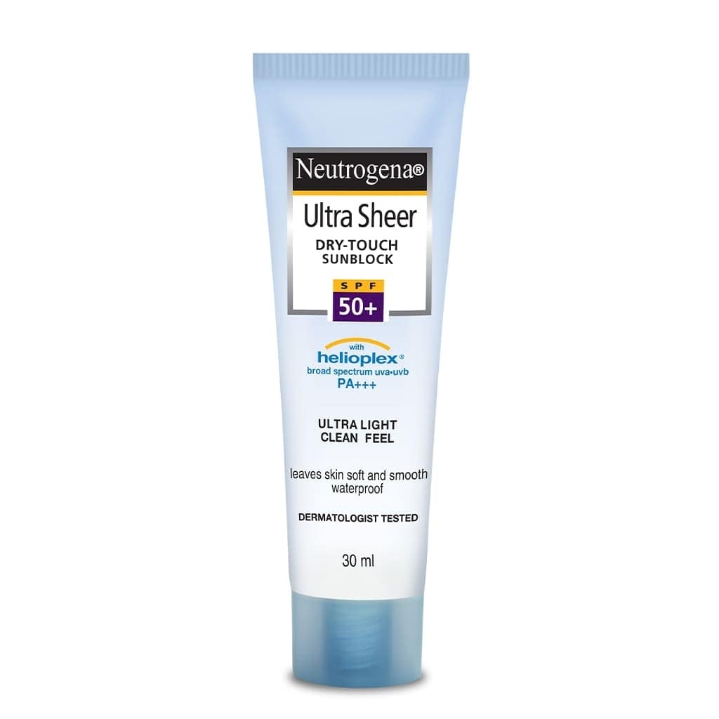 Neutrogena Ultra Sheer Dry Touch Sunblock SPF 50+ has Helioplex™ Technology which offers powerful protection against sun damage while leaving a weightlessly invisible feeling on your skin